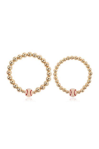 Mommy and Me Bracelets - Rhinestone Sports Charm Metallic Gold 2 Set - Baseball