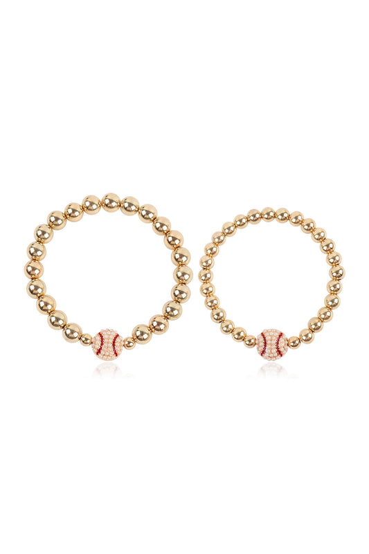 Mommy and Me Bracelets - Rhinestone Sports Charm Metallic Gold 2 Set - Baseball