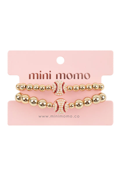 Mommy and Me Bracelets - Rhinestone Sports Charm Metallic Gold 2 Set - Baseball