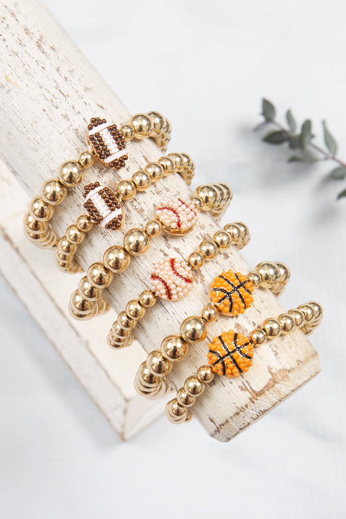 Mommy and Me Bracelets - Rhinestone Sports Charm Metallic Gold 2 Set - Baseball