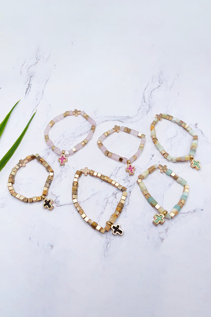 Mommy and Me Bracelets: Religious Natural Stone Cross Set - Amazonite