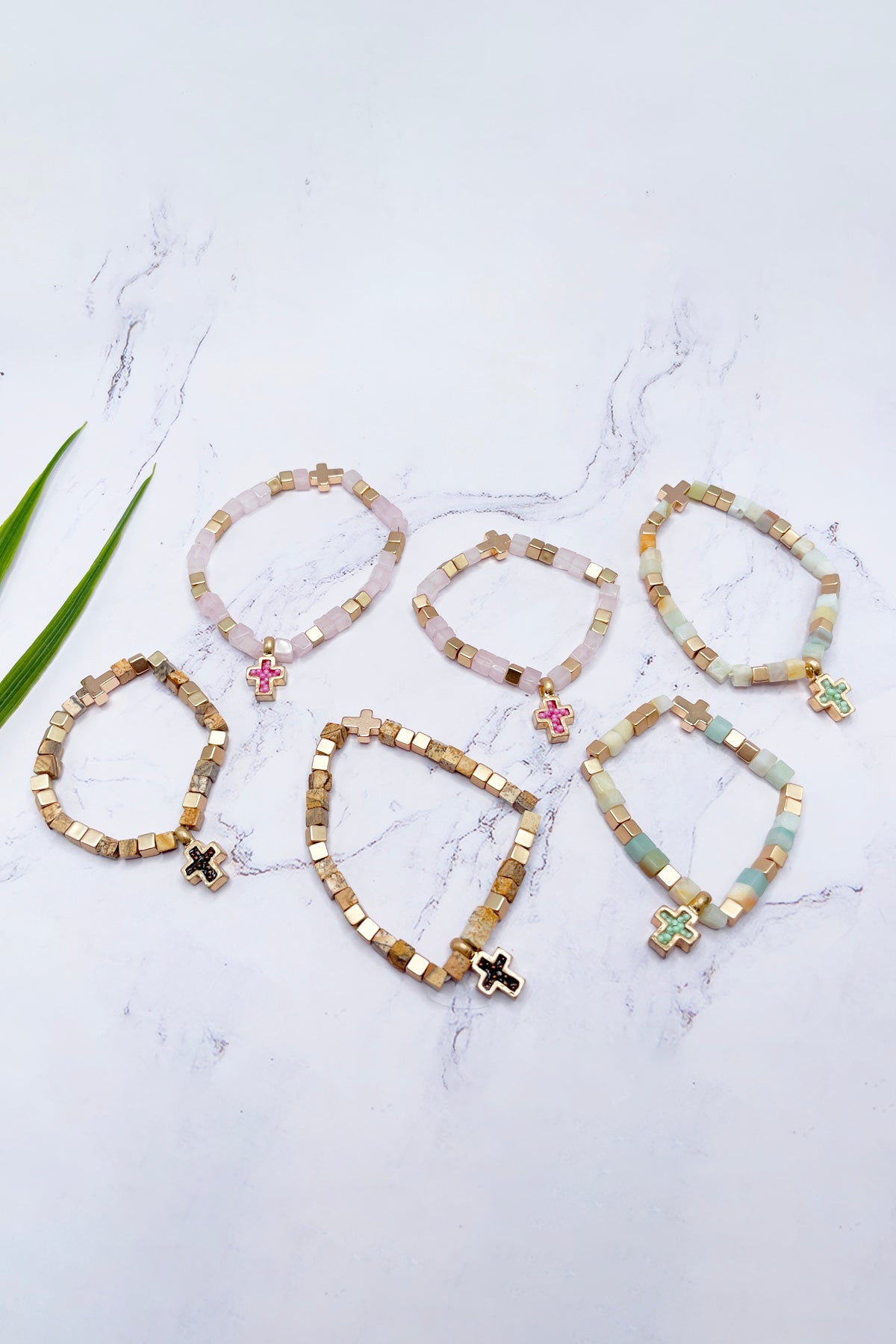 Mommy and Me Bracelets: Religious Natural Stone Cross Set - Rose Quartz