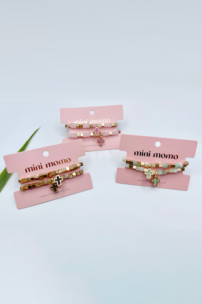 Mommy and Me Bracelets: Religious Natural Stone Cross Set - Amazonite