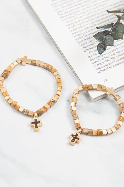 Mommy and Me Bracelets: Religious Natural Stone Cross Set - Brown Jasper