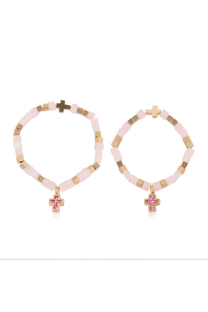 Mommy and Me Bracelets: Religious Natural Stone Cross Set - Rose Quartz