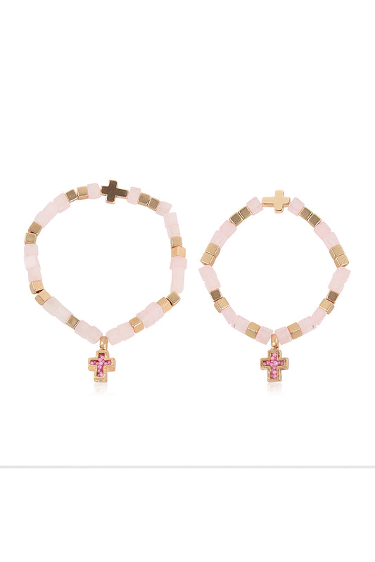 Mommy and Me Bracelets: Religious Natural Stone Cross Set - Rose Quartz