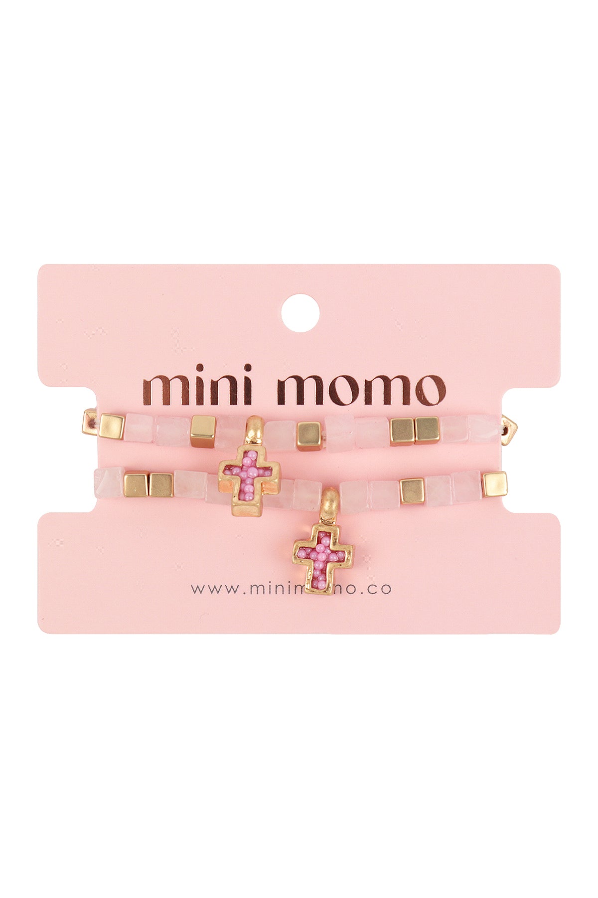 Mommy and Me Bracelets: Religious Natural Stone Cross Set - Rose Quartz