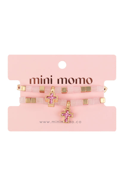 Mommy and Me Bracelets: Religious Natural Stone Cross Set - Rose Quartz