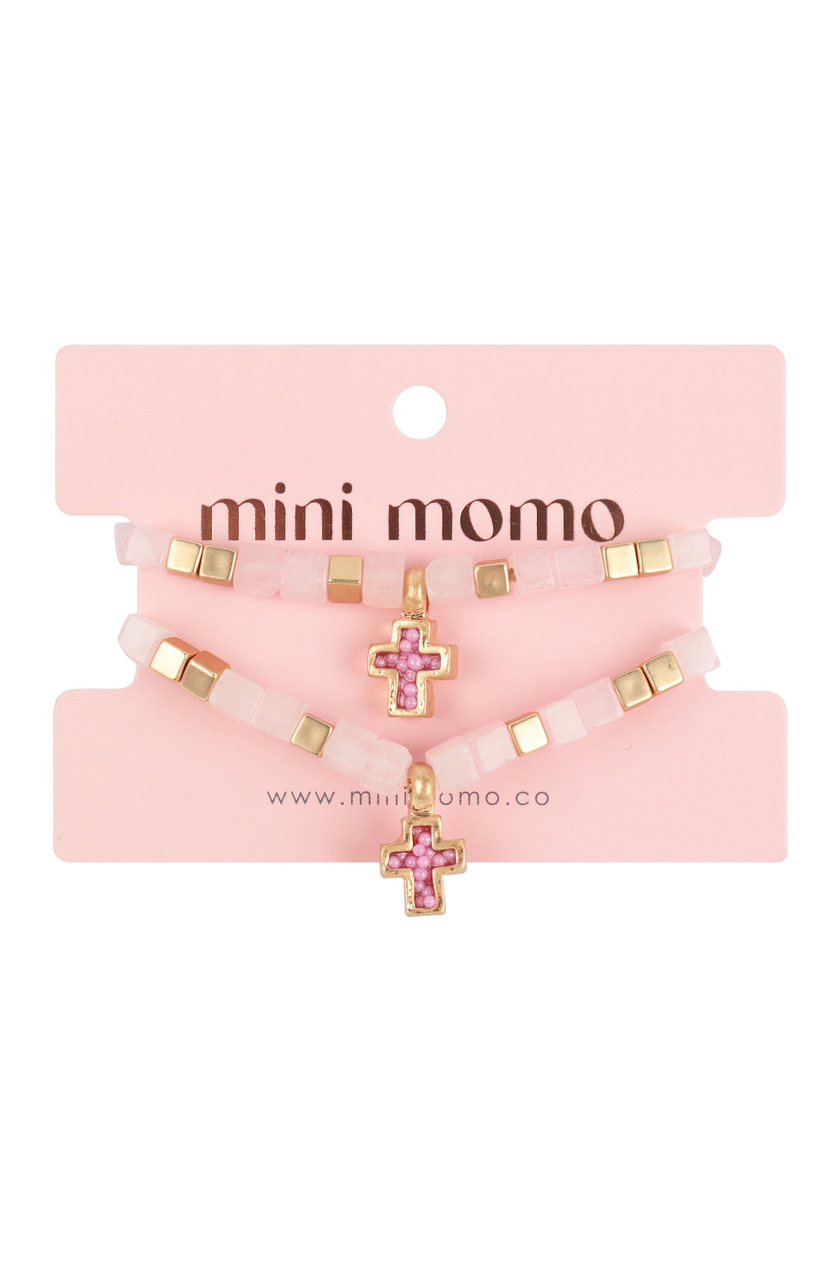 Mommy and Me Bracelets: Religious Natural Stone Cross Set - Rose Quartz