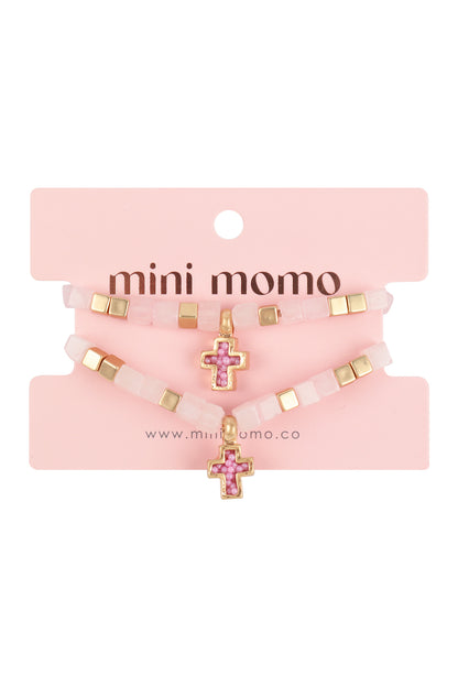 Mommy and Me Bracelets: Religious Natural Stone Cross Set - Rose Quartz