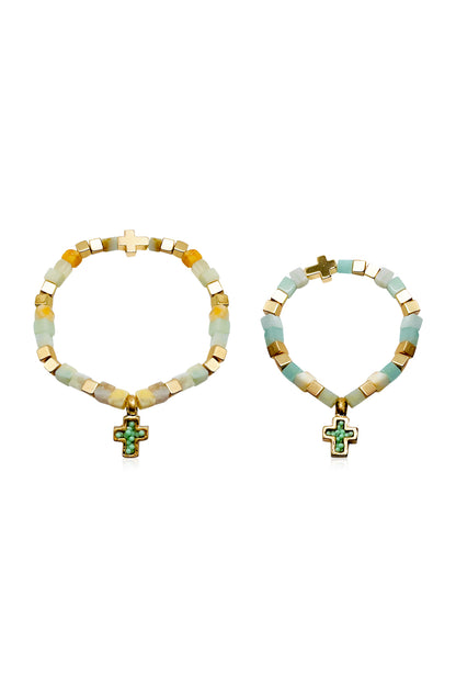 Mommy and Me Bracelets: Religious Natural Stone Cross Set - Amazonite