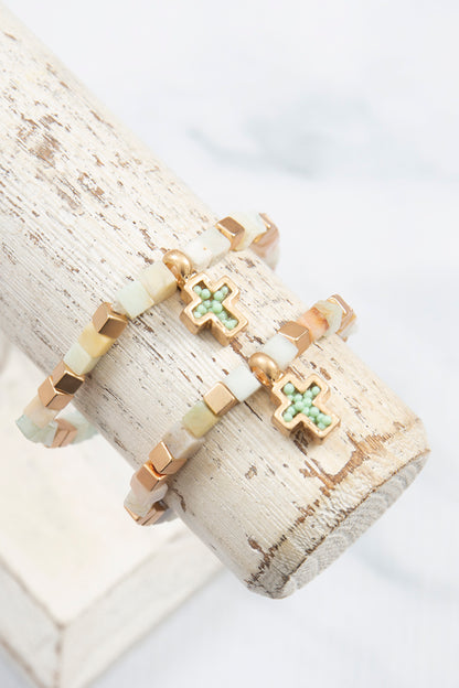 Mommy and Me Bracelets: Religious Natural Stone Cross Set - Amazonite