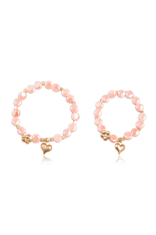 Mommy and Me Matching Bracelets - Stretch Charm Bracelet - Heart Pink