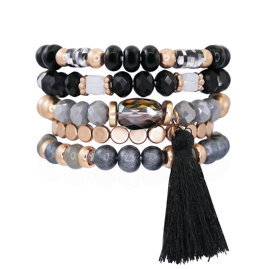 Beaded Bracelet Set Stackable Stretch Multi Layered Bangles Boho 5 Layer - Black