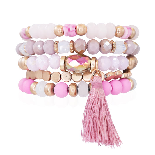 Beaded Bracelet Set Stackable Stretch Multi Layered Bangles Boho 5 Layer - Hot Pink