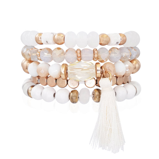 Beaded Bracelet Set Stackable Stretch Multi Layered Bangles Boho 5 Layer - Ivory