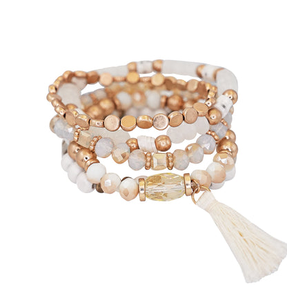 Beaded Bracelet Set Stackable Stretch Multi Layered Bangles Boho 5 Layer - Ivory