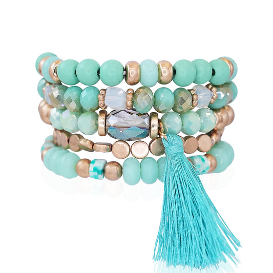 Beaded Bracelet Set Stackable Stretch Multi Layered Bangles Boho 5 Layer - Turquoise