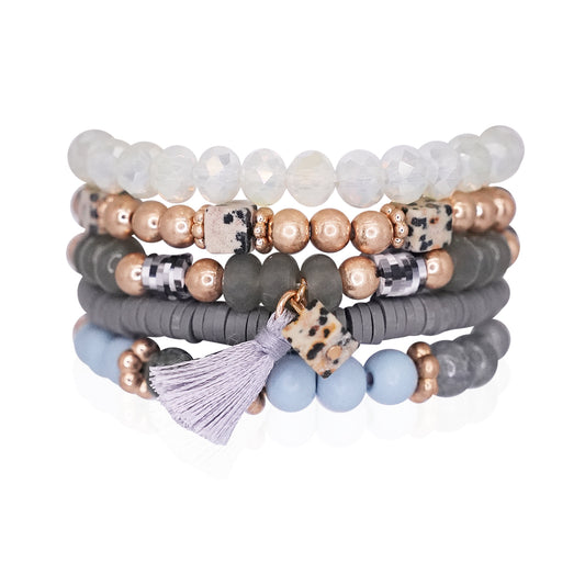 Beaded Bracelet Set Stack Stretch Multi Layered Boho Bangles Tassel Mix 5 Layer - Gray