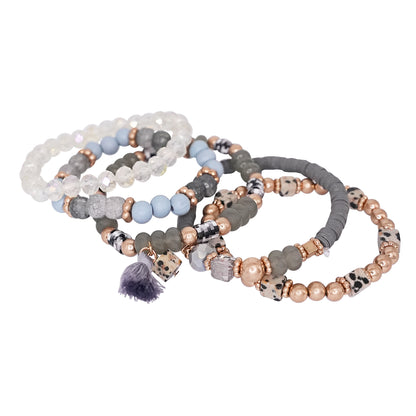 Beaded Bracelet Set Stack Stretch Multi Layered Boho Bangles Tassel Mix 5 Layer - Gray