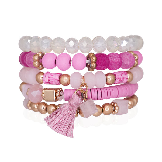 Beaded Bracelet Set Stack Stretch Multi Layered Boho Bangles Tassel Mix 5 Layer - Hot Pink