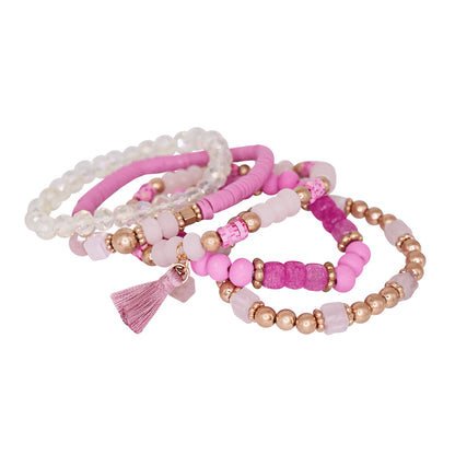 Beaded Bracelet Set Stack Stretch Multi Layered Boho Bangles Tassel Mix 5 Layer - Hot Pink