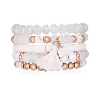 Beaded Bracelet Set Stack Stretch Multi Layered Boho Bangles Tassel Mix 5 Layer - Ivory