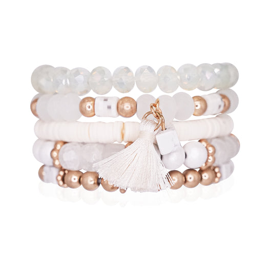 Beaded Bracelet Set Stack Stretch Multi Layered Boho Bangles Tassel Mix 5 Layer - Ivory