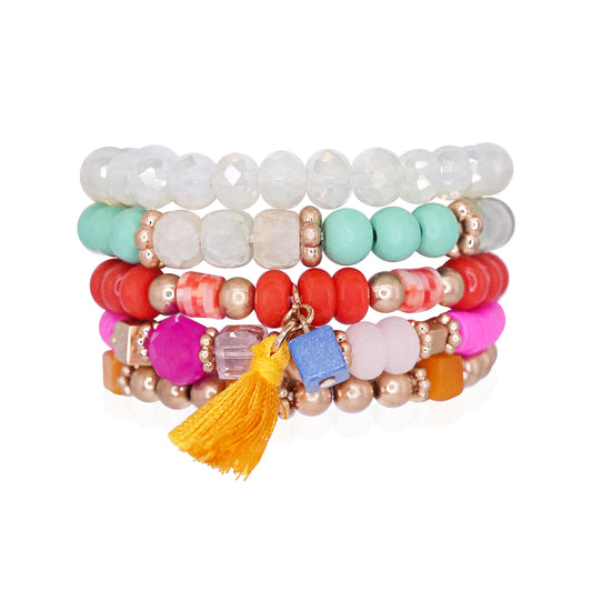 Beaded Bracelet Set Stack Stretch Multi Layered Boho Bangles Tassel Mix 5 Layer - Multi