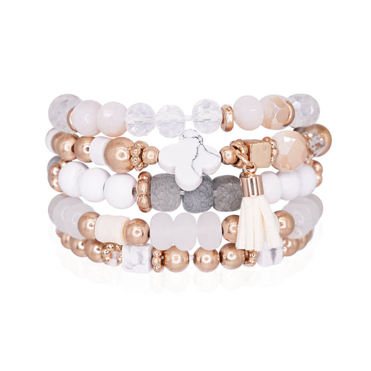 Beaded Bracelet Set Stack Stretch Multi Layered Stone Bangle Clover 5 Layer - Ivory