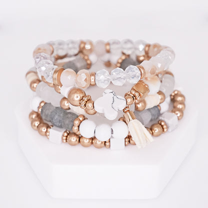 Beaded Bracelet Set Stack Stretch Multi Layered Stone Bangle Clover 5 Layer - Ivory