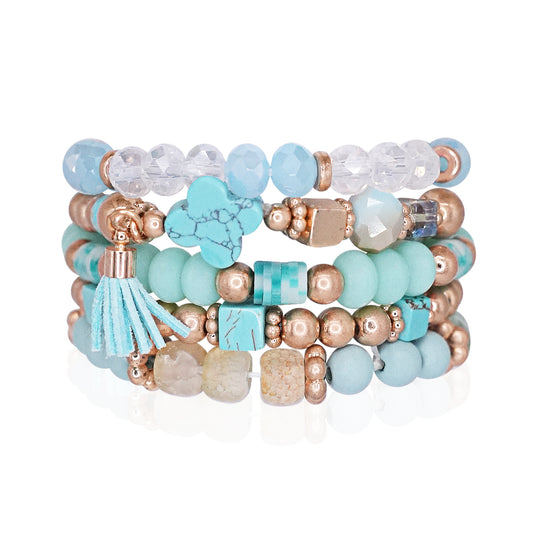 Beaded Bracelet Set Stack Stretch Multi Layered Stone Bangle Clover 5 Layer - Turquoise
