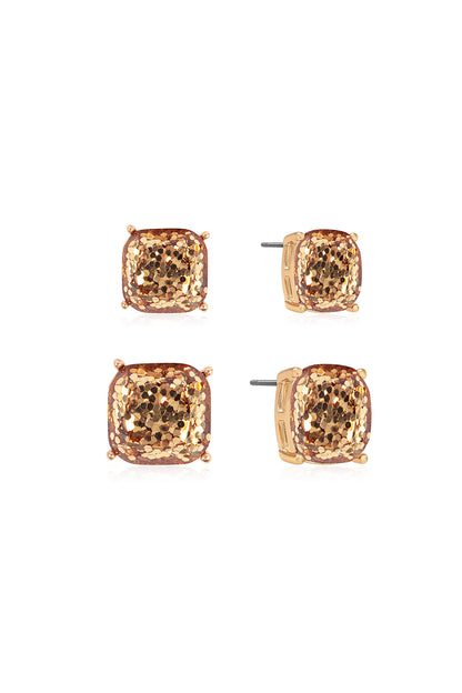 Glitter Square Cushion Cut Stud Earring Set - Gold