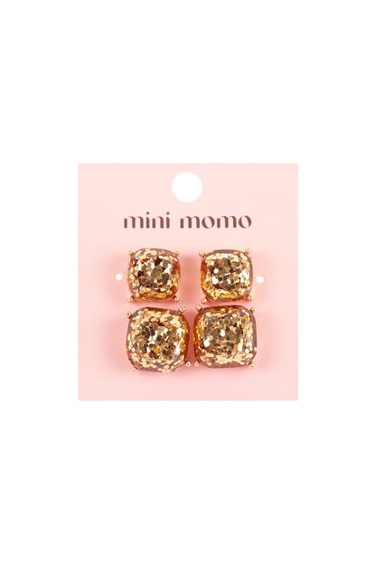 Glitter Square Cushion Cut Stud Earring Set - Gold
