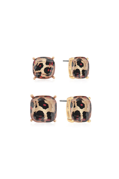 Glitter Square Cushion Cut Stud Earring Set - Leopard