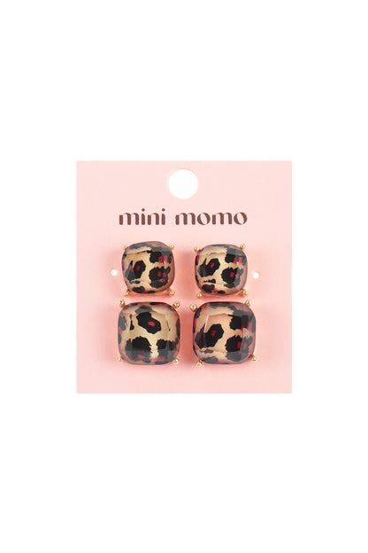 Glitter Square Cushion Cut Stud Earring Set - Leopard