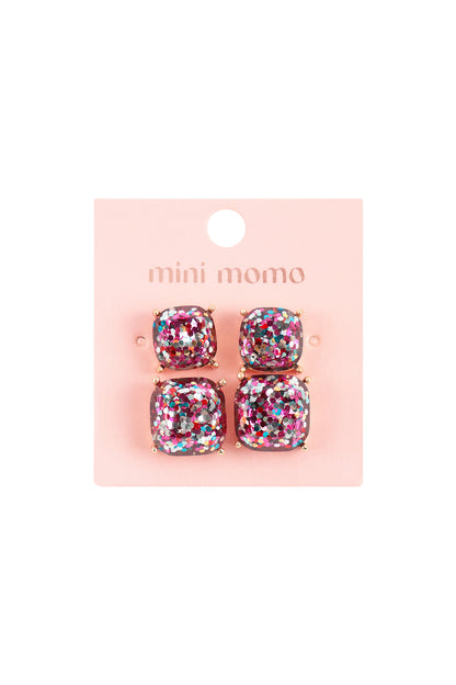 Glitter Square Cushion Cut Stud Earring Set - Pink