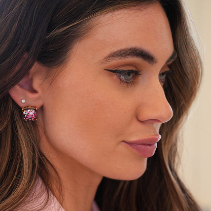Glitter Square Cushion Cut Stud Earring Set - Pink
