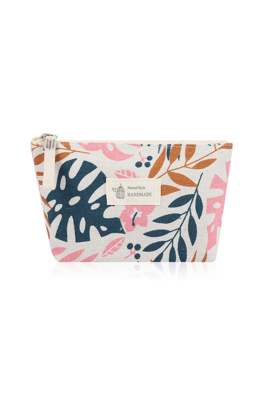 Small Makeup Bag Cute Print Cosmetic Toiletry Pouch - Leaves Pink