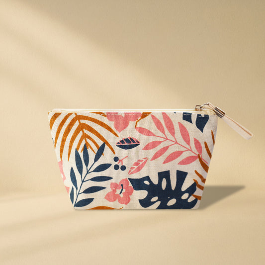 Small Makeup Bag Cute Print Cosmetic Toiletry Pouch - Leaves Pink