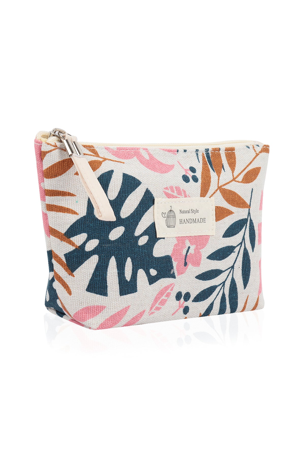 Small Makeup Bag Cute Print Cosmetic Toiletry Pouch - Leaves Pink
