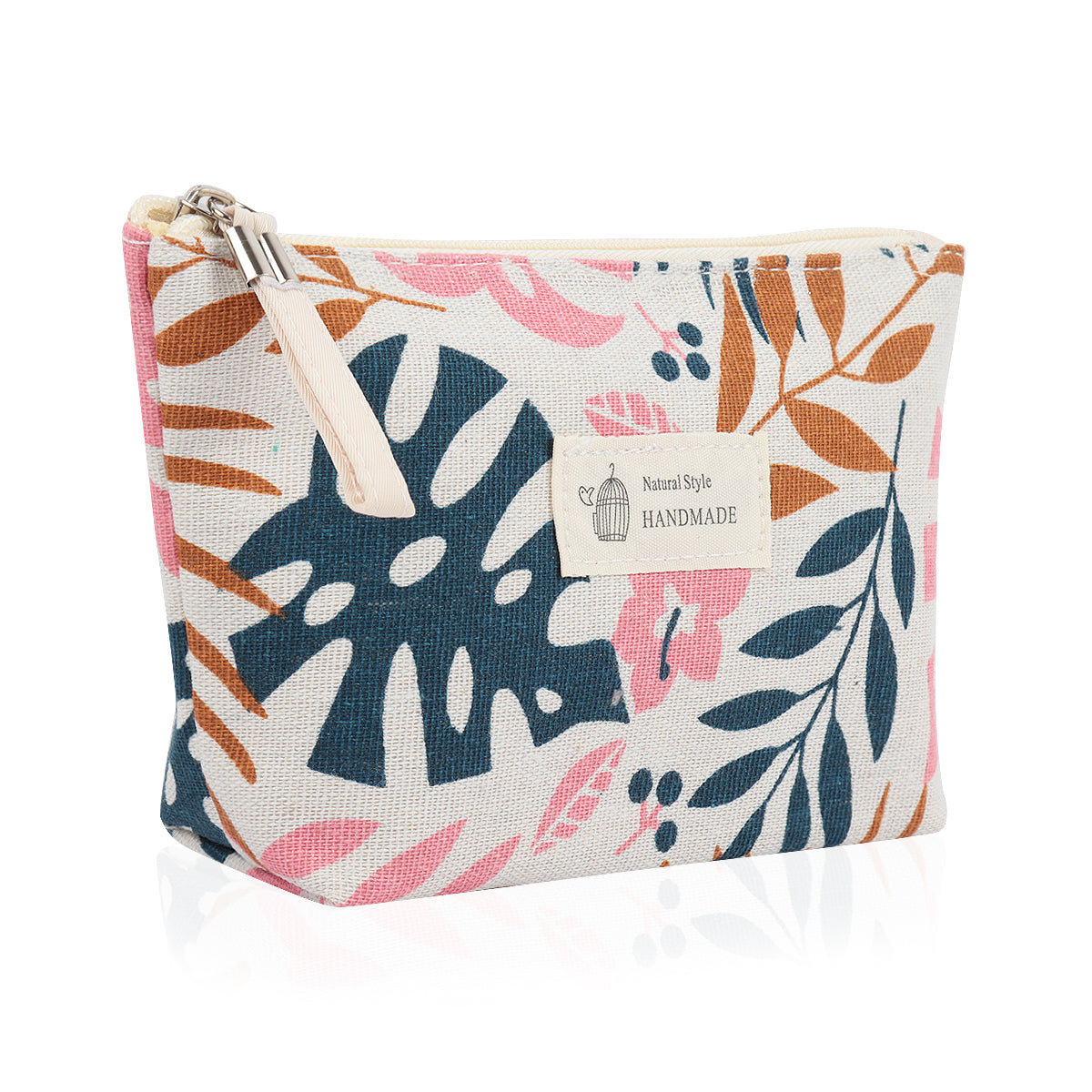 Small Makeup Bag Cute Print Cosmetic Toiletry Pouch - Leaves Pink