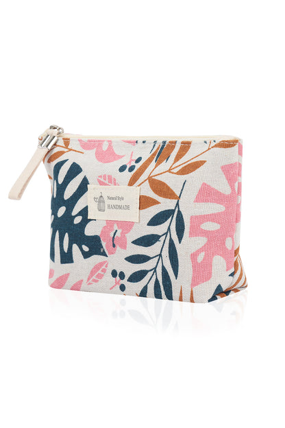 Small Makeup Bag Cute Print Cosmetic Toiletry Pouch - Leaves Pink