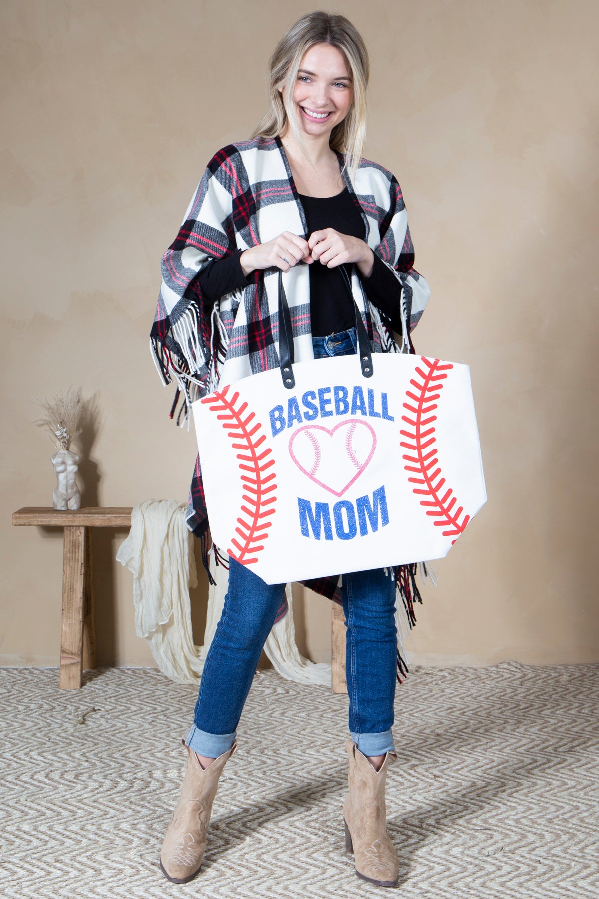Mini Momo Sports Print Canvas Tote Game Day Bag - Oversized Handbag - Lifestyle - Front - Baseball