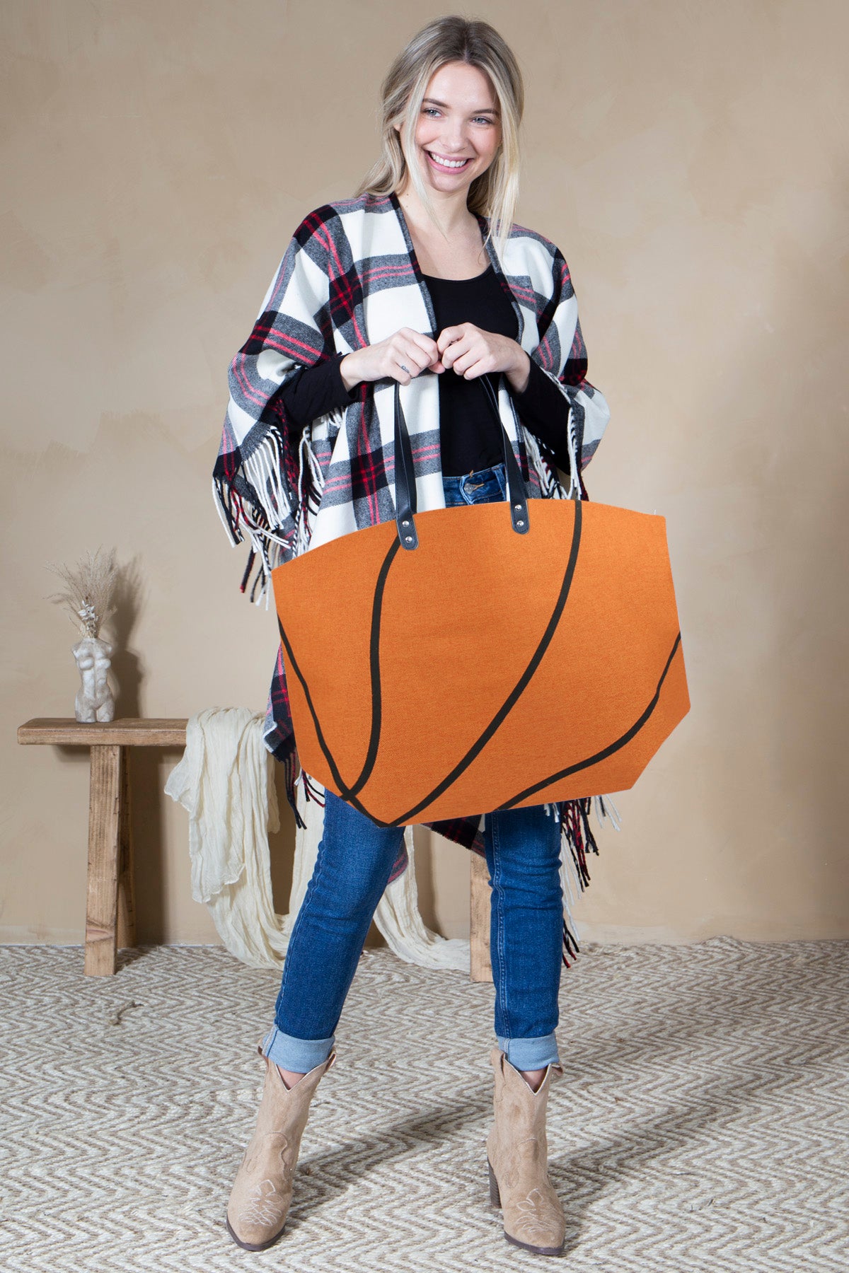 Mini Momo Sports Print Canvas Tote Game Day Bag - Oversized Handbag - Lifestyle - Front - Basketball