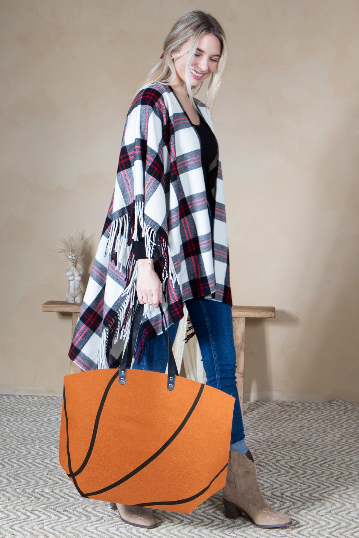 Mini Momo Sports Print Canvas Tote Game Day Bag - Oversized Handbag - Lifestyle - Side - Basketball