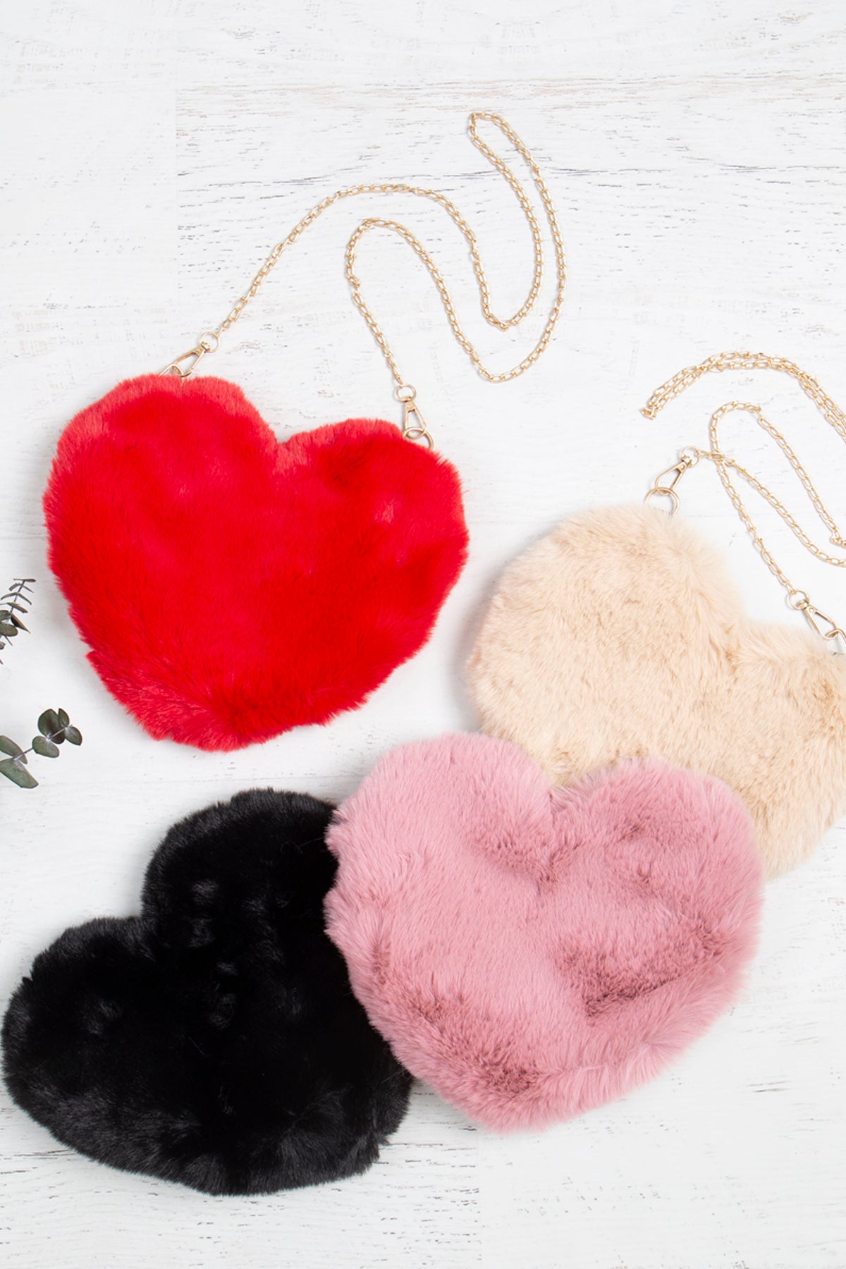 Cute Handbags Girls Purse - Faux Fur Crossbody - Fluffy Heart Chain Bag - Red