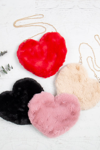 Cute Handbags Girls Purse - Faux Fur Crossbody - Fluffy Heart Chain Bag - Brown