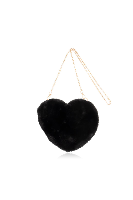 Cute Handbags Girls Purse - Faux Fur Crossbody - Fluffy Heart Chain Bag - Black