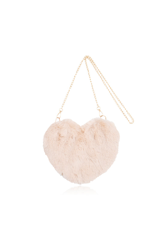 Cute Handbags Girls Purse - Faux Fur Crossbody - Fluffy Heart Chain Bag - Brown